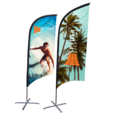 two outdoor bow flags with Spyder displays branding