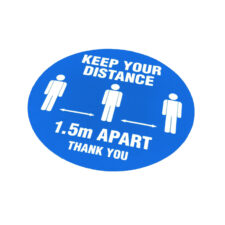 blue floor decals with social distancing instructions, which are self adhesive and removable