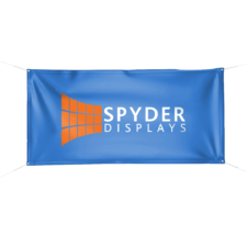 blue outdoor hanging vinyl banner with eyelets and Spyder branding