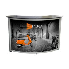 Curved counter with aluminium frame and Spyder branding
