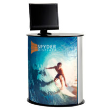 Pod counter with man surfing and Spyder logo
