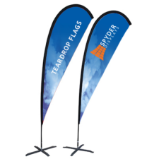 two teardrop shaped outdoor flags with Spyder displays Branding