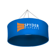 A Spyder displays round fabric banner that hangs from the roof
