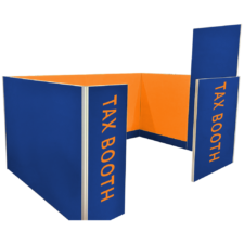 a tax booth with blue and orange text