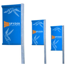 three blue Spyder branded rod pocket hanging banners